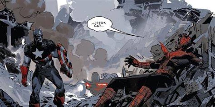 Captain America finds a dying Spider-Man impaled by a spike amid rubble in a panel from Avengers Twilight #2